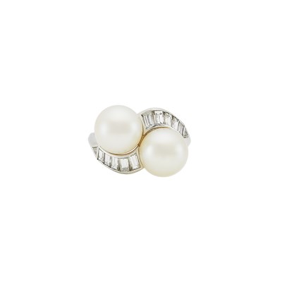 Lot 1130 - Platinum, Cultured Pearl and Diamond Crossover Ring