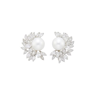 Lot 84 - Pair of Platinum, Cultured Pearl and Diamond Earrings