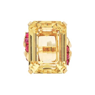 Lot 1052 - Retro Gold, Citrine and Cabochon Ruby Ring