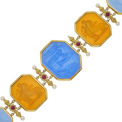 Lot 1163 - Gold, Blue and Orange Glass Intaglio, Cabochon Ruby and Cultured Pearl Bracelet