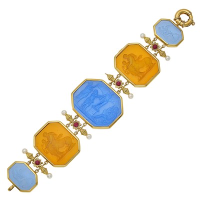 Lot 1163 - Gold, Blue and Orange Glass Intaglio, Cabochon Ruby and Cultured Pearl Bracelet