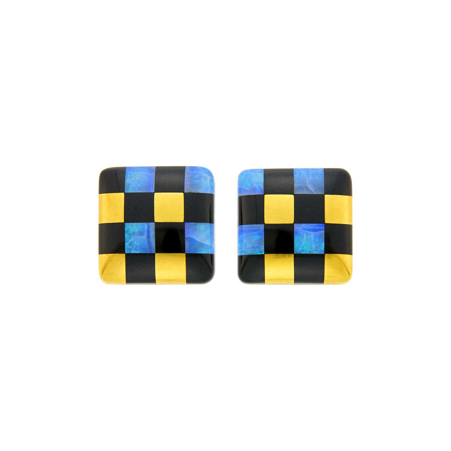 Lot 150 - Tiffany & Co. Pair of Gold, Black Jade and Opal 'Checkerboard' Earclips