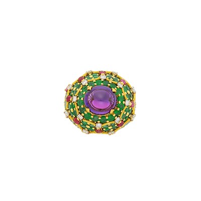 Lot 95 - Marchak Paris Gold, Platinum, Cabochon Amethyst, Emerald, Ruby and Diamond Dome Ring