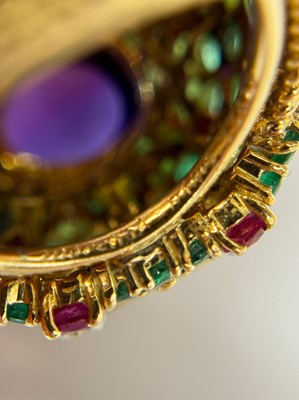 Lot 95 - Marchak Paris Gold, Platinum, Cabochon Amethyst, Emerald, Ruby and Diamond Dome Ring