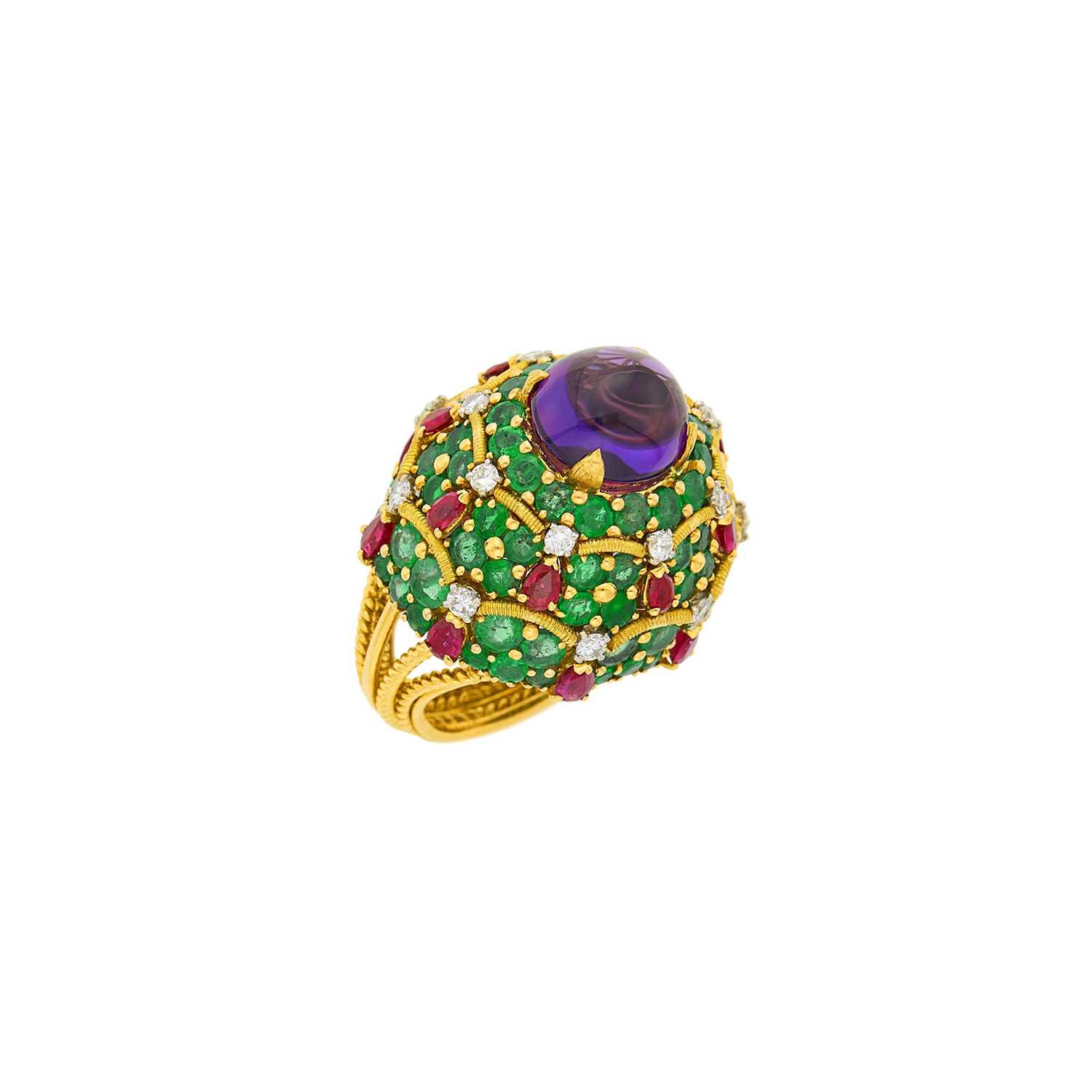 Lot 95 - Marchak Paris Gold, Platinum, Cabochon Amethyst, Emerald, Ruby and Diamond Dome Ring