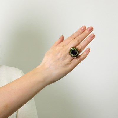 Lot 95 - Marchak Paris Gold, Platinum, Cabochon Amethyst, Emerald, Ruby and Diamond Dome Ring