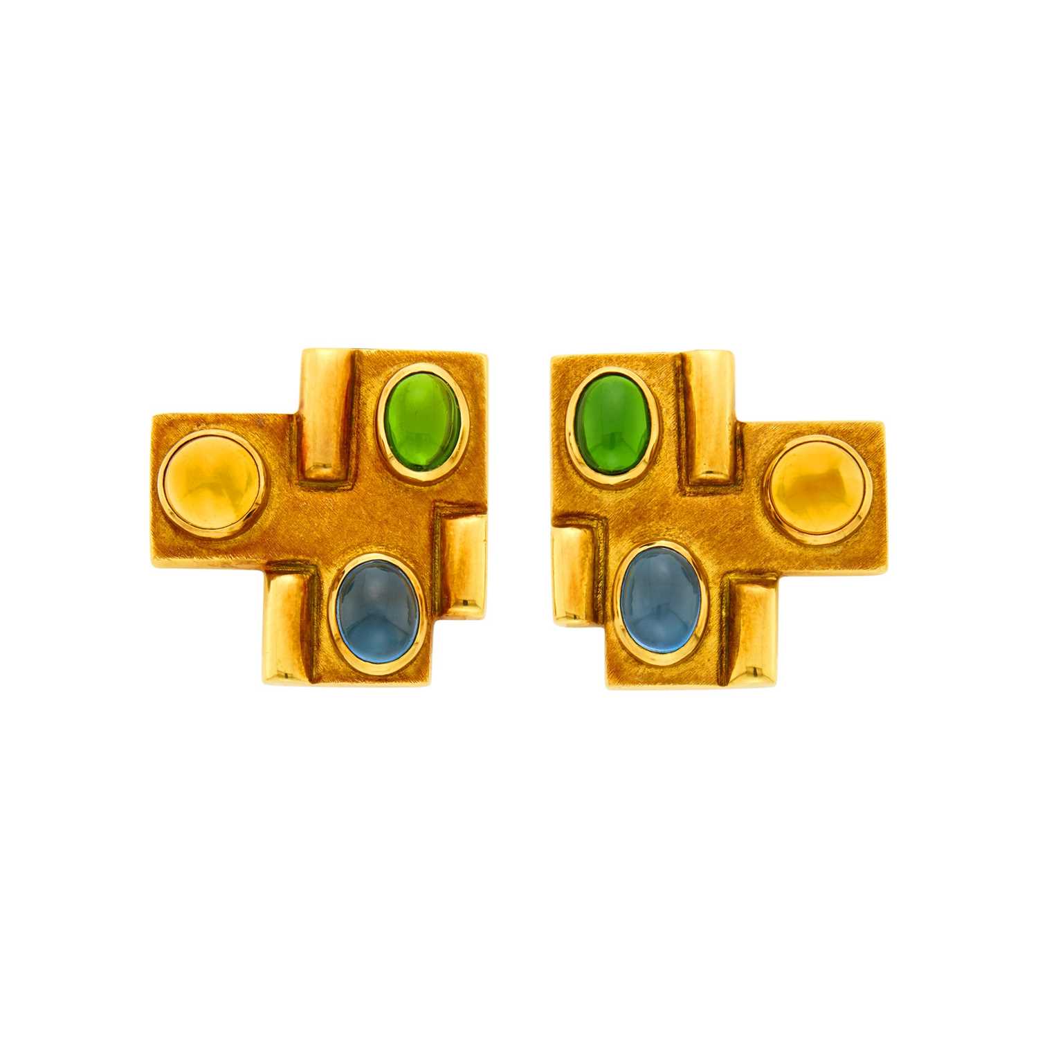Lot 88 - Bruno Guidi Pair of Gold and Cabochon Gem-Set Earrings