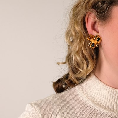 Lot 88 - Bruno Guidi Pair of Gold and Cabochon Gem-Set Earrings