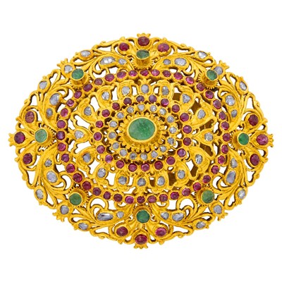 Lot 111 - High Karat Indian Gold, Emerald, Ruby and Diamond Belt Buckle