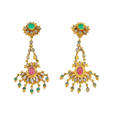 Lot 1160 - High Karat Gold, Ruby, Emerald and Diamond Pendant Earrings