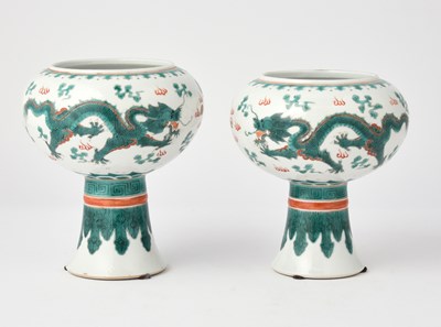 Lot 669 - A Pair of Chinese Famille Verte Stem Cups