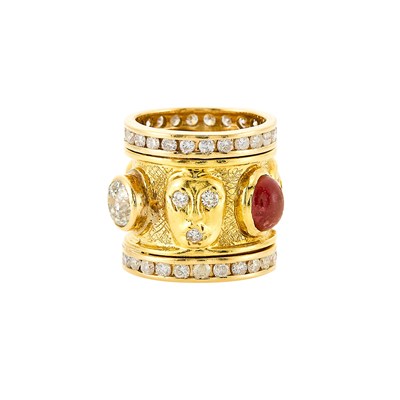 Lot 1006 - Wide Gold, Diamond and Cabochon Pink Tourmaline Band Ring