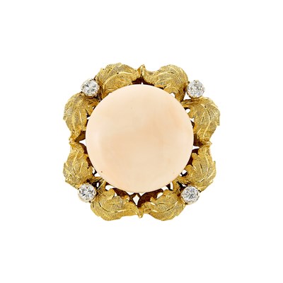 Lot 1051 - Gold, Angel Skin Coral and Diamond Ring