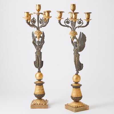 Lot 255 - Pair of Empire Style Patinated and Gilt-Bronze Candelabra