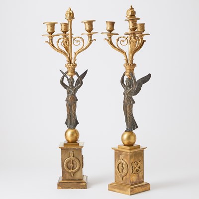 Lot 314 - Pair of Empire Style Patinated and Gilt-Bronze Three-Light Candelabra