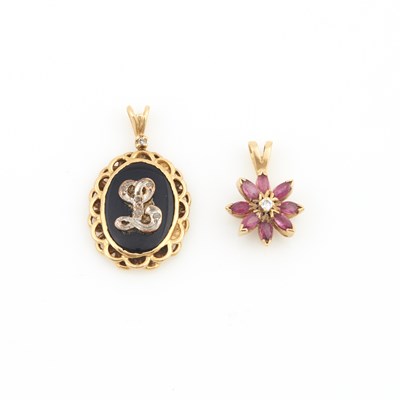 Lot 182 - Two Diamond and Stone Pendants, 14K 4 dwt. all