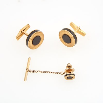 Lot 248 - Two Gold and Stone Cuff Links and Tie Tac, 14K 12 dwt. all