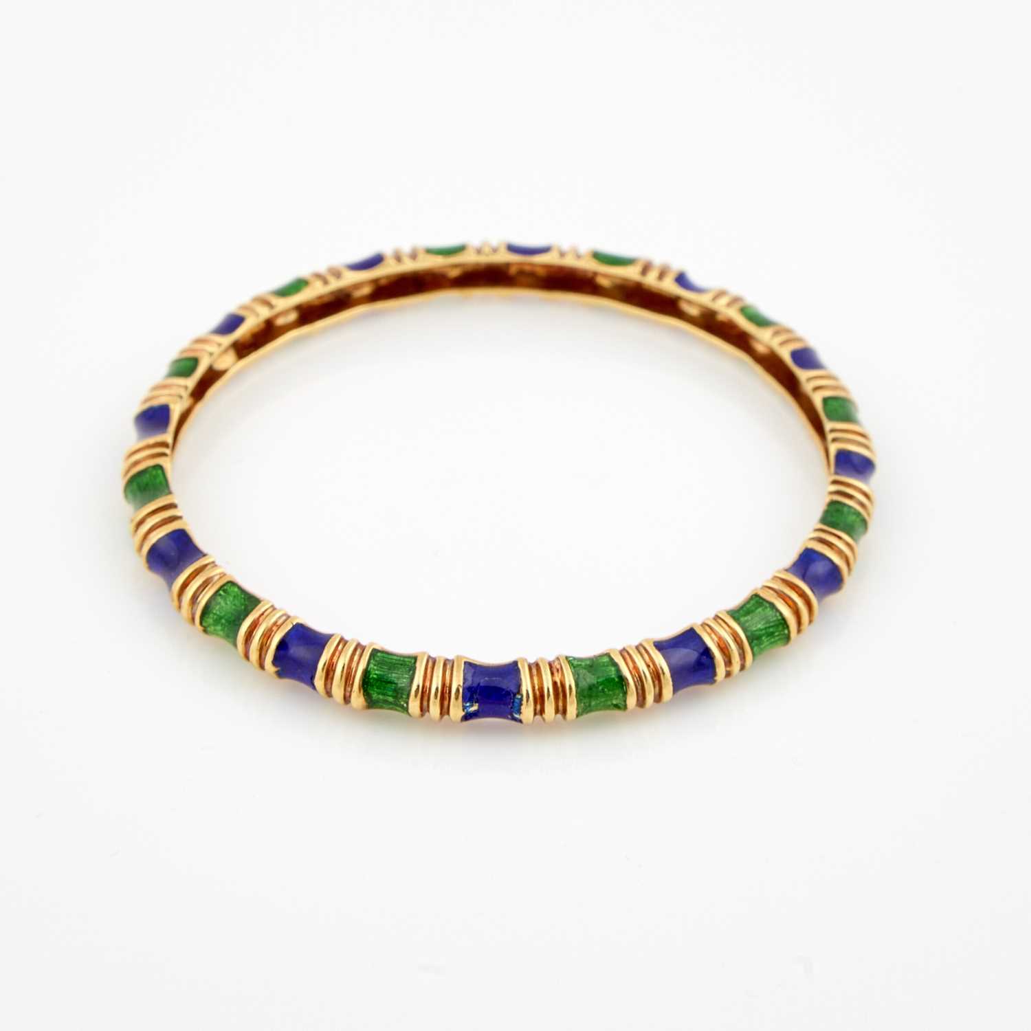 Lot 309 - Gold and Enamel Rigid Bracelet, 18K 19 dwt. all, bears signature Tiffany & Co.