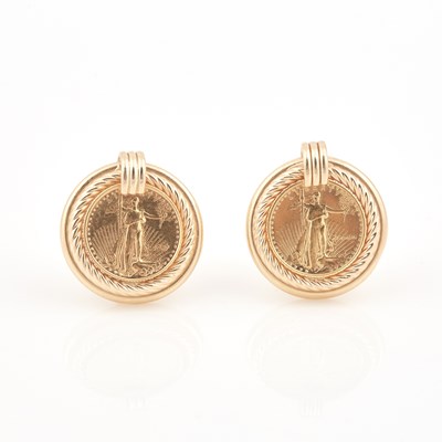 Lot 410 - Two Gold Coin Earrings, 22K and 14k 8 dwt. all