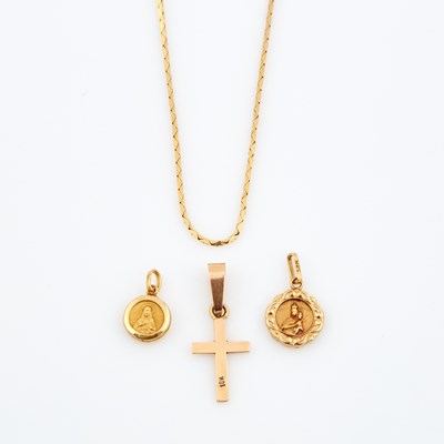 Lot 491 - Three Gold Pendants and Neck Chain, 18K 1 dwt. and 14K 2 dwt.