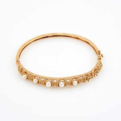 Lot 552 - Gold and Bead Rigid Bracelet, 14K 8 dwt. all, beads missing