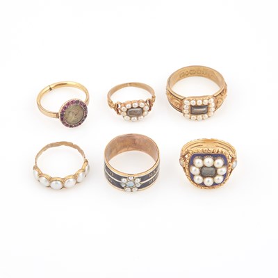 Lot 606 - Six Gold, Glass, Bead and Enamel Rings, 18K 17 dwt. all