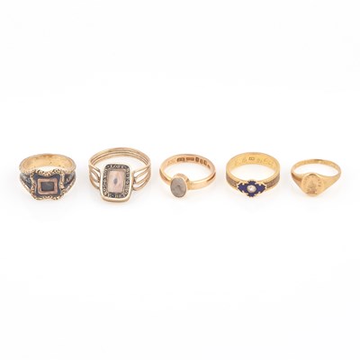 Lot 608 - Five Gold, Glass and Enamel Rings, 14K 12 dwt. all