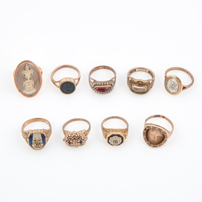 Lot 613 - Nine Gold, Glass, Stone, Bead and Enamel Rings, 10K 29 dwt. all, damaged