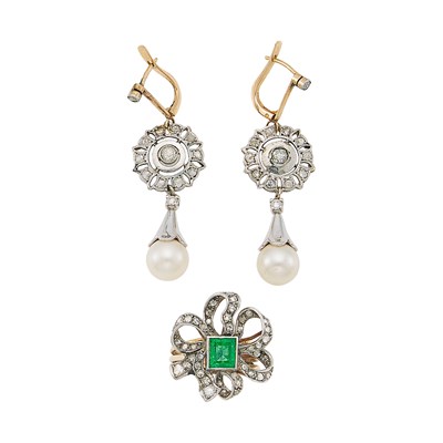 Lot 1145 - Two-Color Gold, Emerald and Diamond Ring and Pair of Two-Color Gold, Cultured Pearl and Diamond Pendant-Earrings