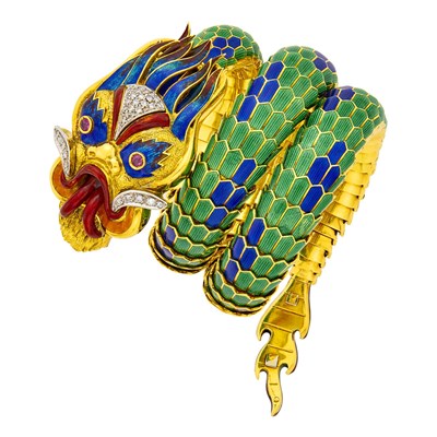 Lot 87 - Paul Flato Two-Color Gold, Multicolored Enamel, Ruby and Diamond Coiled Dragon Bracelet