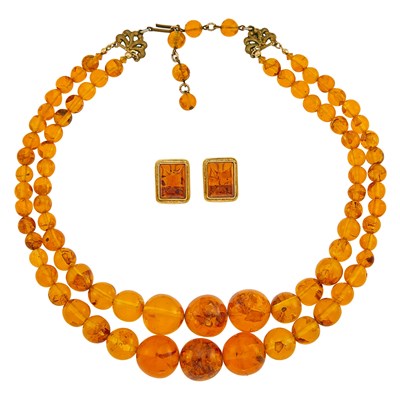 Lot 1282 - Double Strand Amber Bead Necklace with Gilt-Metal Clasp and Pair of Gold and Amber Earrings