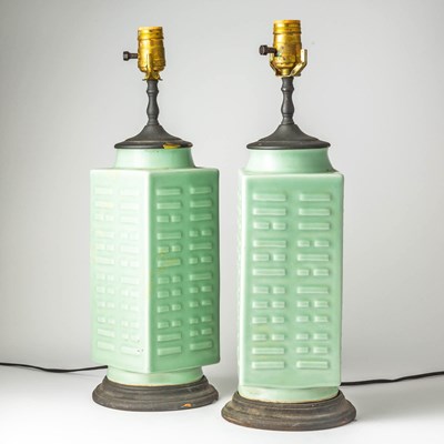 Lot 667 - A Pair of Chinese Celadon Glazed Cong Vases