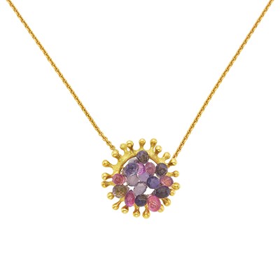 Lot 1034 - Gold and Multicolored Sapphire Briolette Pendant with Chain Necklace