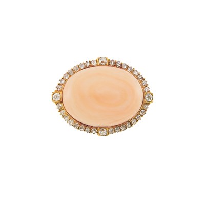 Lot 1003 - Antique Gold, Angel Skin Coral and Diamond Pendant-Brooch