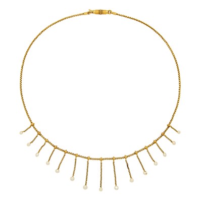 Lot 1005 - Etruscan Revival Gold and Pearl Fringe Necklace