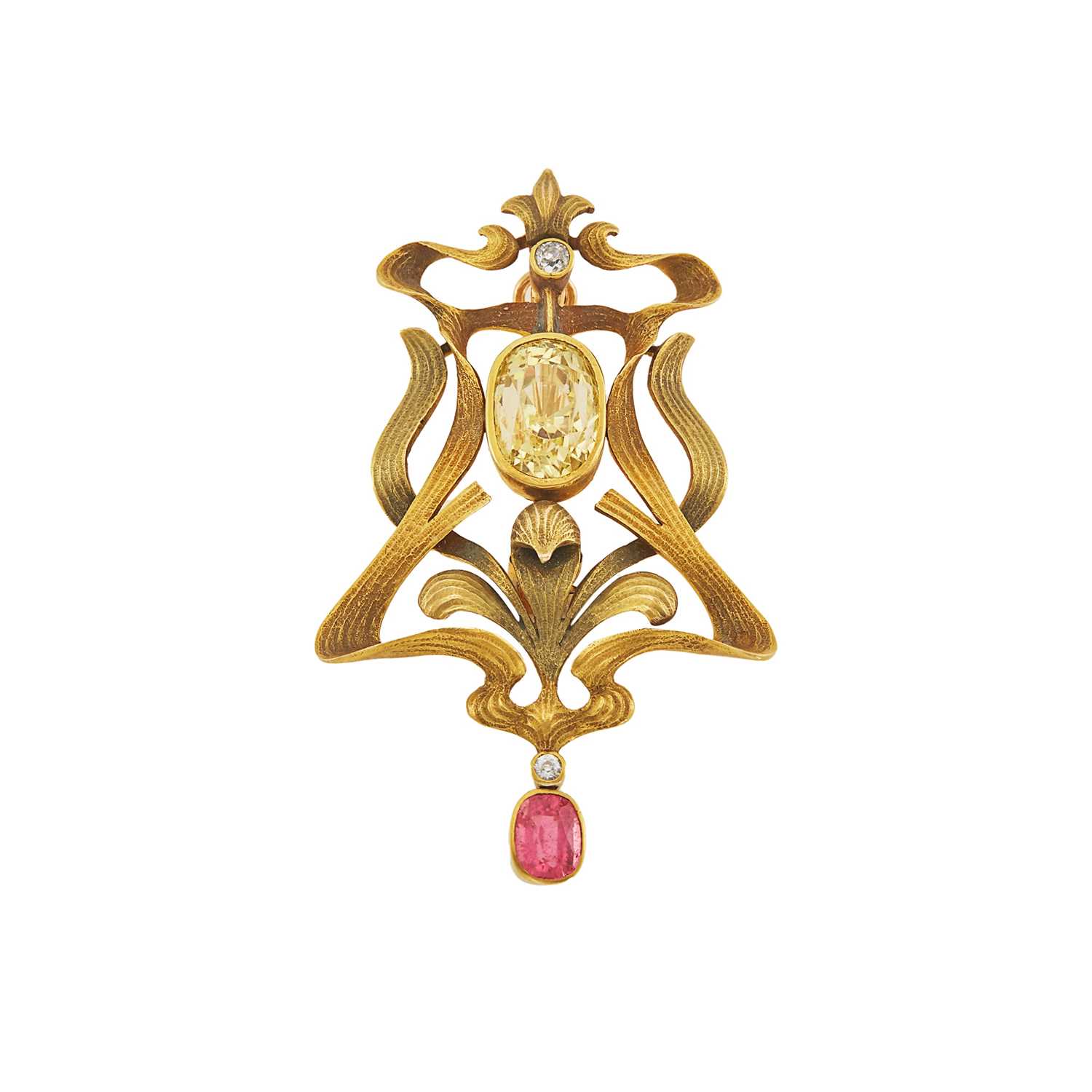 Lot 1004 - Art Nouveau Gold, Yellow Sapphire, Pink Sapphire and Diamond Pendant-Brooch