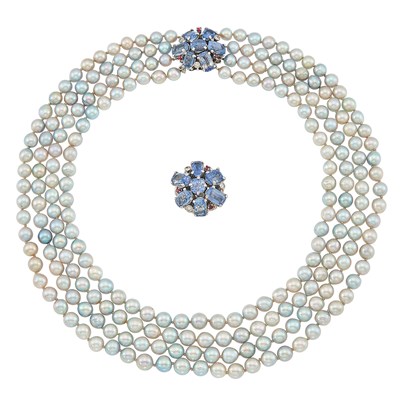 Lot 1129 - Multistrand Baroque Gray Cultured Pearl Necklace with White Gold and Sapphire Clasp and Ring