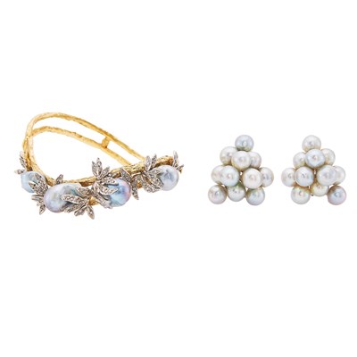 Lot 1132 - Two-Color Gold, Baroque Gray Cultured Pearl and Diamond Bangle Bracelet and Pair of Cluster Earclips