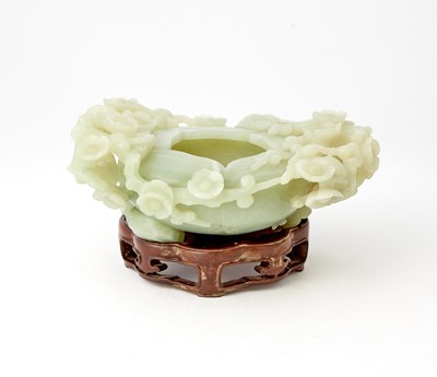 Lot 411 - A Chinese Celadon Jade Brush Washer and Stand