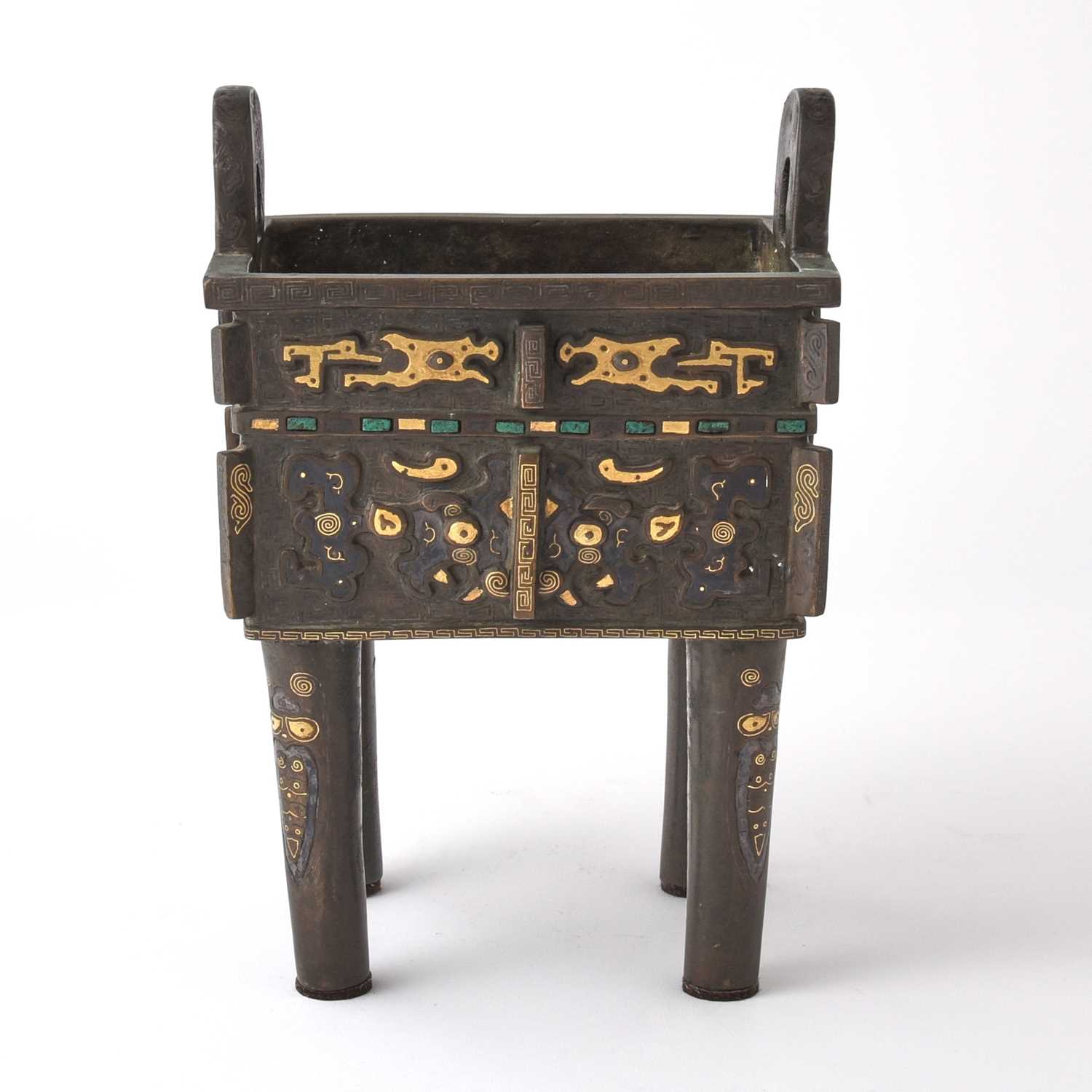 Lot 484 - A Chinese Silver and Malachite Inlaid Bronze Censer