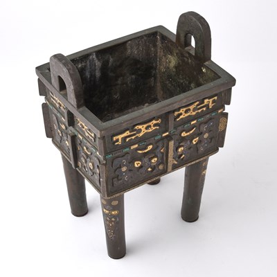 Lot 484 - A Chinese Silver and Malachite Inlaid Bronze Censer