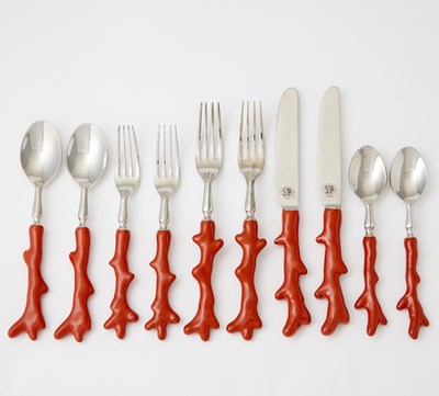 Lot 244 - Set of Stainless Steel and Enamel "Coral" Pattern Flatware