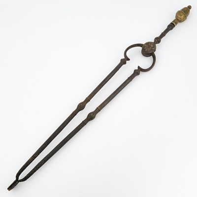 Lot 486 - Pair of Cast and Wrought Iron and Brass Fire Tongs