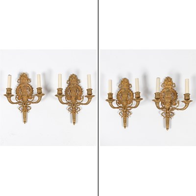 Lot 301 - Set of Four Empire Style Ormolu Two-Light Wall Lights