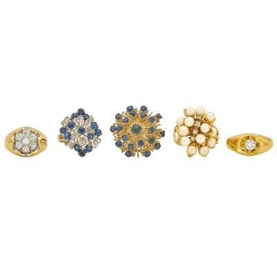 Lot 1259 - Five Yellow and White Gold, Cultured Pearl, Diamond and Sapphire Rings