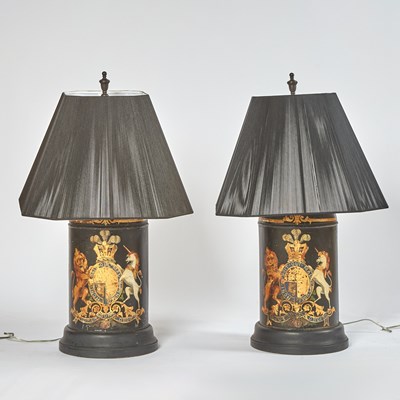 Lot 167 - Pair of Painted Tole Cannister Lamps with Black Pleated Shades