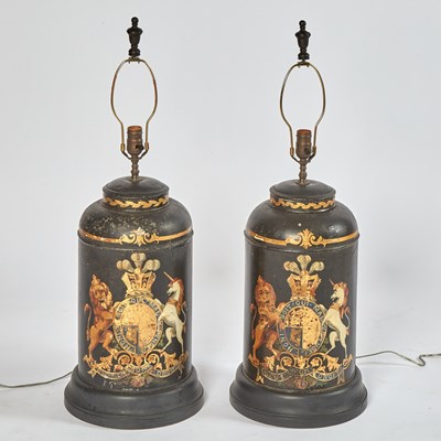 Lot 167 - Pair of Painted Tole Cannister Lamps with Black Pleated Shades