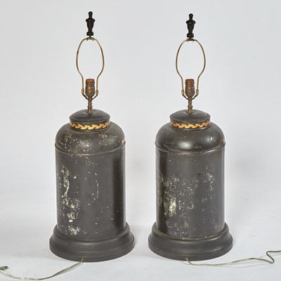 Lot 167 - Pair of Painted Tole Cannister Lamps with Black Pleated Shades