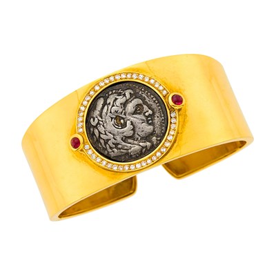 Lot 128 - Gold, Silver Coin, Diamond and Cabochon Ruby Cuff Bangle Bracelet