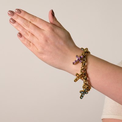 Lot 95 - Gold and Colored Stone Cross Charm Bracelet